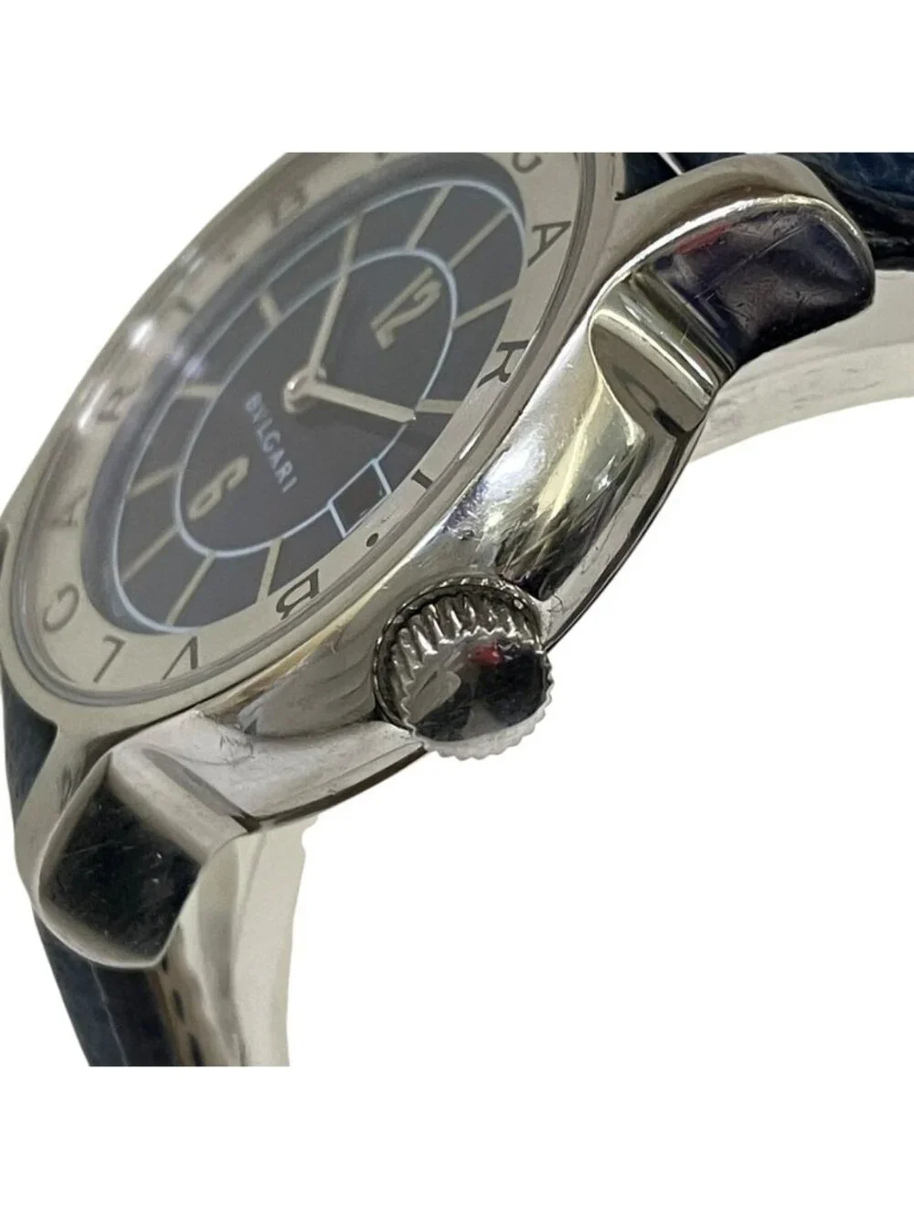 Bvlgari Solo Tempo Watch SS Leather Quartz Blue Dial